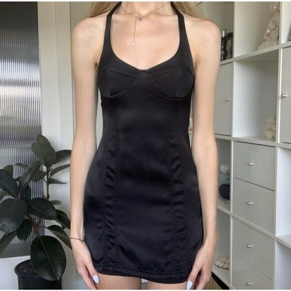 Zara Satin Bustier Mini Dress LARGE Black Lingerie Style open back Seamed NEW - Picture 16 of 16